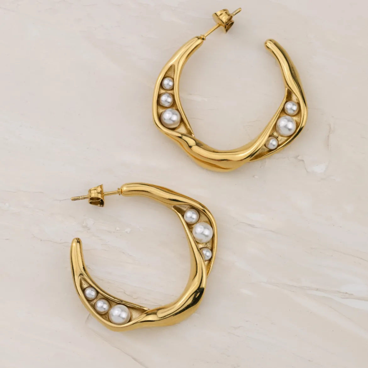 Branch Pearl Hoop Studs Gold