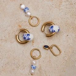 Flower Tile Pearl Hoop Set Small Silber