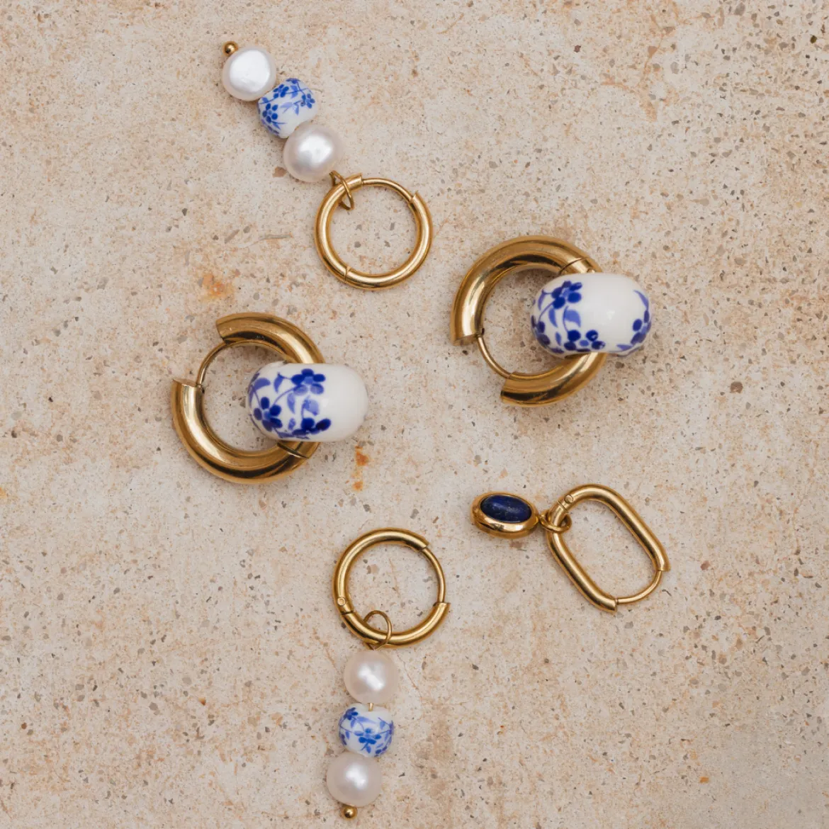 Flower Tile Pearl Hoop Set Small Silber