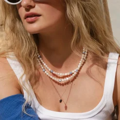 Flower Tile Pearl Necklace Roségold