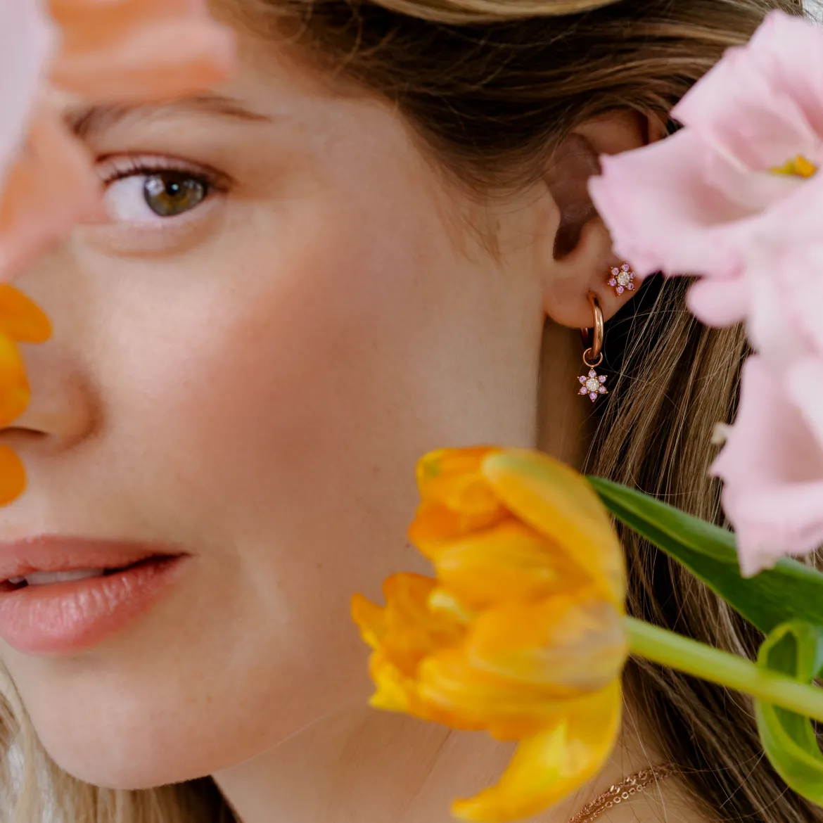 Pink Petal Hoop Set Small Roségold