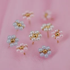 Pretty Pink Daisy Studs Gold