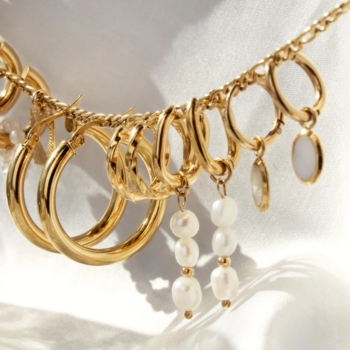Triple Pearl Hoop Set Silber